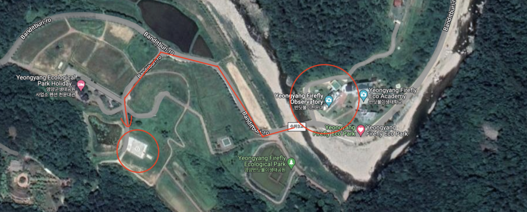 Map of Yeongyang Firefly Eco Park area showing route to helipad